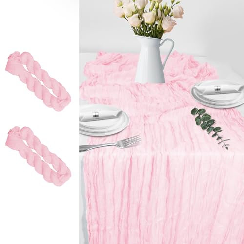 LUKDUNG 2 chemins de Table, Chemin de Table en Tissu éponge, Tissu Boho Gaze, Nappe Rustique pour décoration de Table de Mariage, 90 x 300 cm (Rose, 90 x 300 cm, 2 Stück)