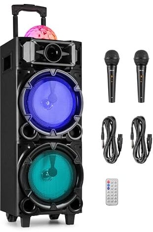 Fenton LIVE290 - Altavoz karaoke portátil 300W max. 100W RMS con Bluetooth, luces LED, Jellyball, batería recargable, 2 micrófonos con cable, reproductor USB/MicroSD y mando a distancia