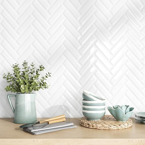 VEELIKE Piastrelle Adesive Bianche 3D Herringbone Adesivi per Piastrelle Cucina Moderna 6 Pezzi Motivo a Spina di Pesce Mattonelle Adesive Bagno Lavanderie Doccia Impermeabile 30,5 cm x 30,5 cm