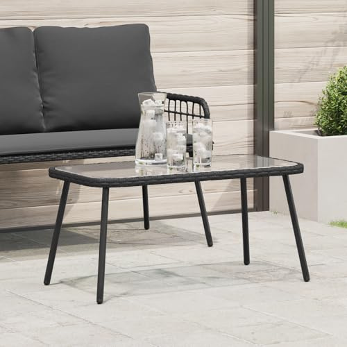 Qnhdfrt Rechteckiger Couchtisch Schwarz mit Glasplatte 90x45x42 cm Poly Rattan für Wohnzimmer und Außenbereich Robustes Design Sonnenbeständig