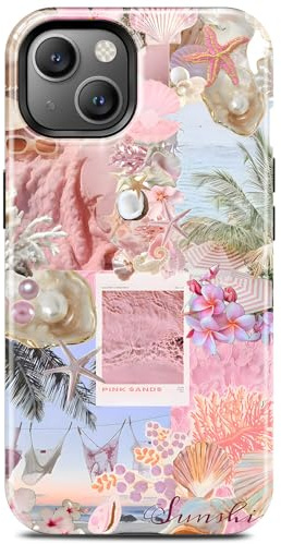 TAMUEL Pink Preppy Beach Summer Collage Phone Case for iPhone 13, Compatible with Magsafe, Cute Aesthetic Coastal Seashell Flower Magnetic Slim Shockproof Protective Women Girl Cover Case
