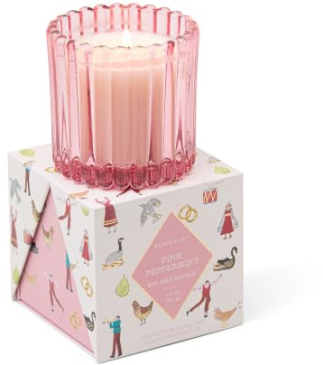 Paddywax Christmas Ribbed Glass Candle - Pink Peppermint Scent