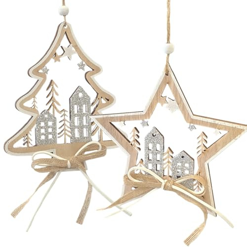 Weihnachtsanhänger Tannenbaum & Stern, 2 Stück: Anhänger Holz, Geschenkanhänger Weihnachten, Holzanhänger Fenster, Weihnachtsbaum & Zweige, Weihnachtliche Deko Winterstadt, Weihnachtsdeko, 15 x 15 cm