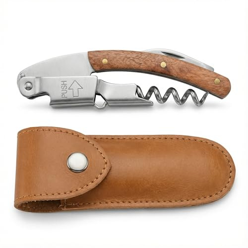 Kellnermesser mit Holzgriff und Ledertasche - hochwertiges Sommeliermesser aus Edelstahl für Weinliebhaber