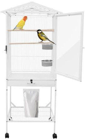Cage à oiseaux avec roues, grande cage à oiseaux en fer, blanche pour perroquets et perruches, cage stable avec porte verrouillable pour balcon, maison et amoureux des animaux
