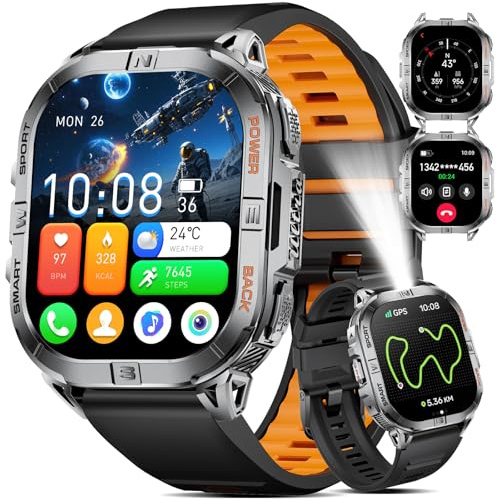 GPS Smartwatch Herren Militär mit 2.13 AMO/LED Taschenlampen, 5ATM Wasserdicht Fitnessuhr,600mAh Akku Kompass Smartwatch mit Telefonfunktion, 100 Sportmodi, Pulsmesser/Schlafmonitor/Android/iOS