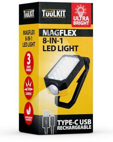 TUULKIT 8-in-1 Rechargeable LED Work Light, Ultra Bright Torch | Ultra Bright Inspection Torch with Magnetic Base, Hook & Stand, 3 Light Modes for Workshop & Camping