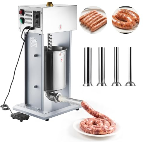 VEVOR Insaccatrice Elettrica per Salsicce da 10 L, Macchina per Salsiccia Elettrica con Controllo Continuo della Velocità e Pedale e 4 Tubi di Riempimento, in Acciaio Inossidabile per Uso Commerciale