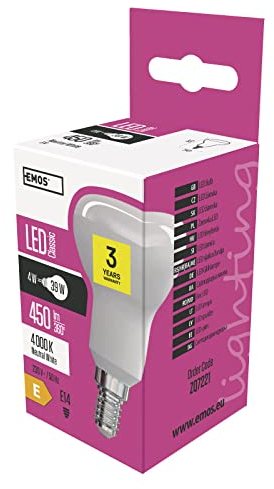 EMOS LED Lampe R50 Reflektorlampe, 4W Ersatz für 39W Glühbirne, E14 Sockel, Helligkeit 450 lm, Neutralweiß 4000 K, 30000 h Lebensdauer, CRI min. 80, 120° Abstrahlwinkel