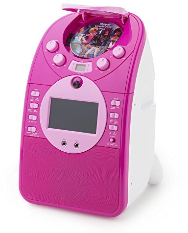 Auna ScreenStar - Karaoke, Pantalla TFT de 3.5 , 2 micrófonos dinámicos, Cámara Frontal, Altavoz Integrado, Salida de Video, Reproductor CD+G, USB, MP3, 3 CDs con Canciones de Karaoke, Rosa