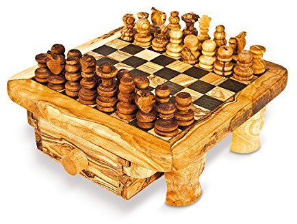 Tablero de ajedrez con ajedrez y cajón para ajedrez de madera de olivo, 35 x 35 cm