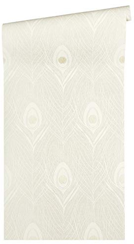Architects Paper Non-Woven Wallpaper Absolutely Chic Wallpaper with Peacock Feather 10.05 m x 0.53 m Metallic Grey Beige Made in Germany 369711 36971-1