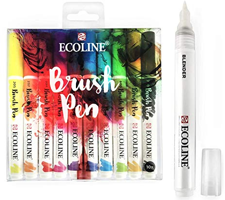Talens Royal Ecoline Pinselstifte für flüssige Aquarellmalerei – Set mit 10 verschiedenen Farben im Etui + Mischstift