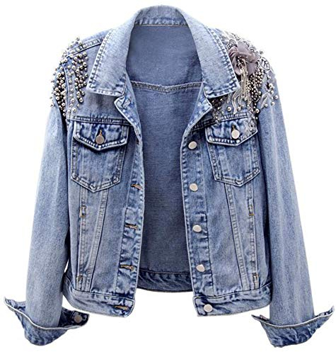 Kedera Damen Jeansjacke Langarm Westernnieten Nieten gewaschene Perlen Kurz Jeansmantel, Blau, M