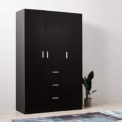 Modern 3 Doors Wardrobes with 3 Drawers and Hanging Rail Large Triple Clothes Storage Closet for Home Bedroom Units (Black)