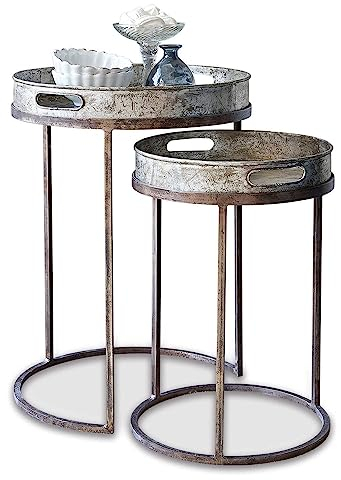Loberon Beistelltisch 2er Set Saint Mark, Zwei Größen, ineinander schiebbar, abnehmbare Tabletts, mit Antik-Finish, Beistellmöbel, Abstelltisch, Eisen, antiksilber