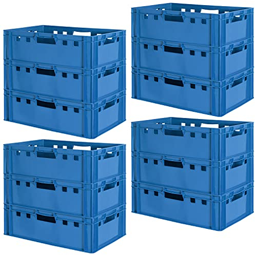 Kingpower 12 Stück E2 Fleischkisten Kisten Eurobox Lebensmittelecht Metzgerkiste Box Aufbewahrungsbox Kunststoff Wanne Plastik Stapelbar Lagerkisten 60 x 40 Blau