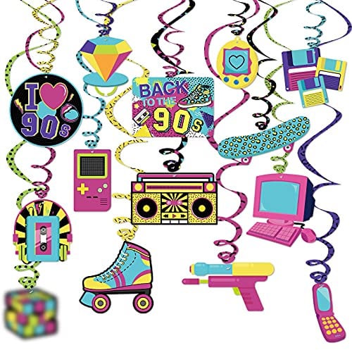 28Pcs Back to the 90s Party Hanging Swirls Decorations 90s Retro Ceiling Streamers for 1990s Throwback Birthday Party 90s Hip Hop Party Supplies