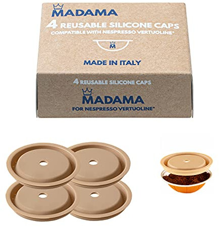 Madama - Wiederverwendbare Kappe für Nespresso Vertuo und VertuoLine Kapseln, nachfüllbar und kompatibel. Silikon in Lebensmittelqualität. 100% Made in Italy. Packung mit 4 Kappen.