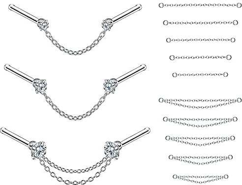 PunkTracker Piercing de nez 20 g 2 mm 2,5 mm 3 mm CZ avec chaîne en acier chirurgical pour homme et femme, Acier inoxydable, Zircone cubique