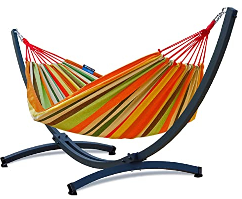 Potenza Outdoor Hängematte mit Tytan Gestell für 2 Personen I Baumwolle Doppelhängematte XXL 220x160, 200kg I Hängemattengestell 350 kg, wetterfest (Orange, Basic Gestell Graphit)