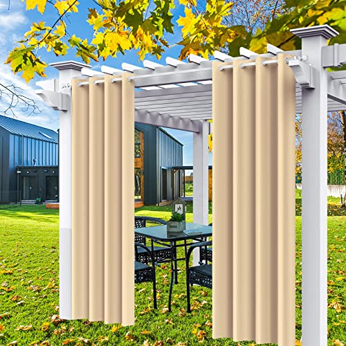 Comlax Outdoor Vorhänge Wetterfest, 132x275cm Beige Vorhänge Blickdicht Balkon Pavillon mit Ösen Wasserdicht Sichtschutz Schutz Für Veranda/Garten/Schiebetür/Pavillon, 1 Stück