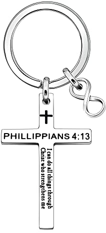 Coagurmes Philipper 4:13 Christian Cross Keychain Keyring Bible Verse Faith Accessories Taufe Geburtstagsgeschenk für Frauen Mädchen Schwester I Can Do All Things, silber, 42