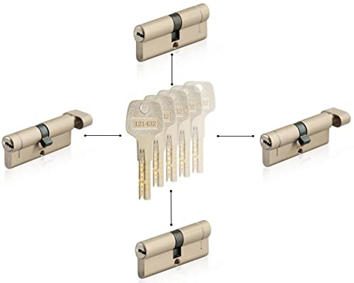 GERCAR 4x cylindre serrure/barillet de porte profilé ou à bouton 60/70/80/90 mm - combinaison libre de cylindres de tailles différentes avec la même clé - avec 5 clés passe-partout - système OKS