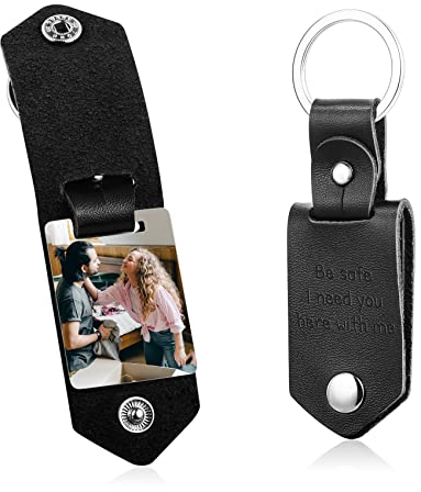 MunkiMix Porte-clés en Cuir Personnalisé Cadeaux pour Hommes Petit Ami Papa Mari Photo Date Nom Porte-clés pour la Fête des Pères-Noir Cuir Couleur Photo