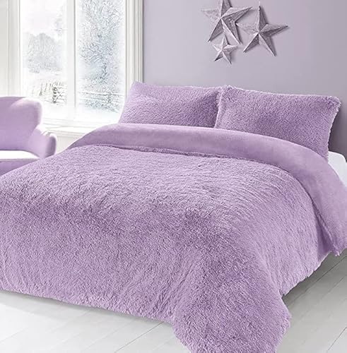 AN Direct Luxury Cuddles Alaska Teddy Bear Fleece Duvet Cover Warm Long Fur Bedding Set & Thermal bedding with Fluffy Pillow Covers (Lilac, Double)