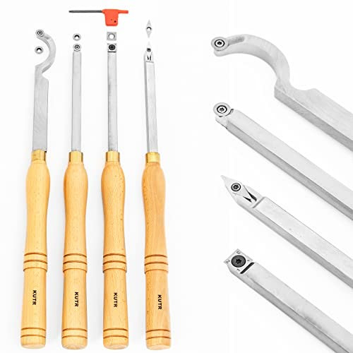 KUTR Professional Full Size Wood Turning Tools for Lathe Woodworking, 4 Pc. Set, Heavy Duty Rougher, Finishers, Detailer, and Replacement Cutting Blades, Beech Wood Handles