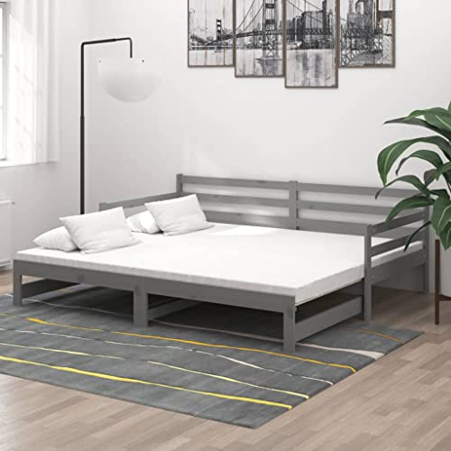 WIFESE Tagesbett Ausziehbar Grau Massivholz Kiefer 2X(90x200) cm Schlafsofa mit Lattenrost Sofabett Jugendbett Massivholzbett für Den Täglichen Gebrauch im Wohnzimmer Praktisch und Komfortabel