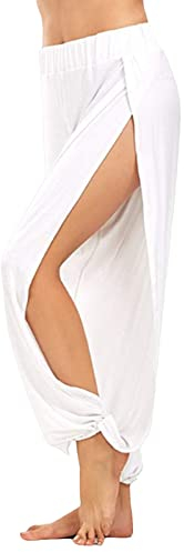 Color Solid Pants Freizeit Damen Running High Stretch Exercise Split Yoga Pants 7/8 Hosen Damen (White, S)