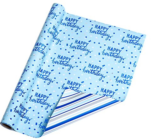 Holijolly Reversible Geburtstagspapier Rolle Happy Birthday Beschriftung Streifen Design mit Metallic Folie in Blau mit 43.2 cm X 10 m (46.45 qm.)