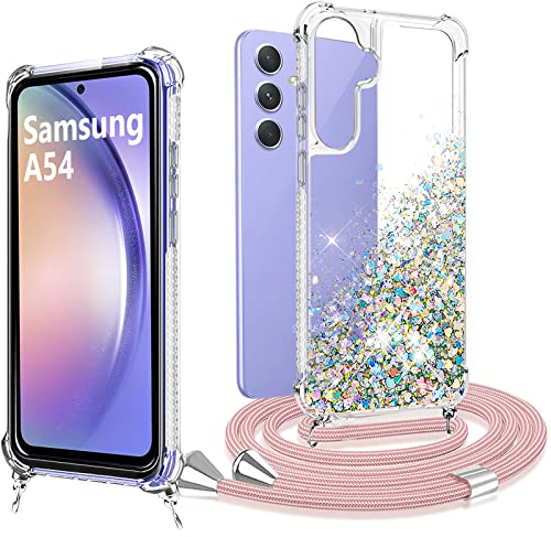 XCYYOO Samsung Galaxy A54 Handyhülle Mit Band und Kette - Glitzer Schutzhülle zum Umhängen Mit Handyanhänger Halsband Lanyard