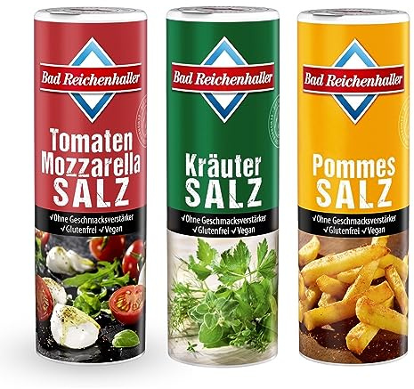 Bad Reichenhaller Gewürz-Set 3er Bundle | jeweils 300g Tomaten Mozarella Salz, Kräutersalz, Pommessalz | Vegan ohne Geschmacksverstärker | Grill Gewürzpaket Dose