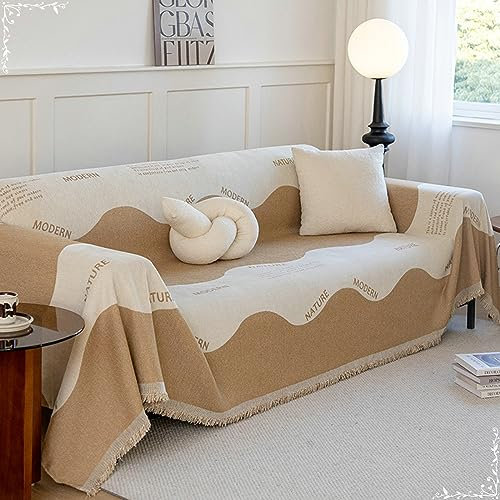 Mesnt Sofahusse 2 Sitzer, Chenille Waschbar Sofa Protection Cover Schonbezug Couch mit Welle mit gedruckten englischen Buchstaben Kaffee, 180x230CM