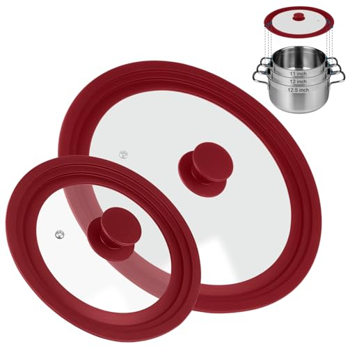 Universal Lid for Pots Pans and Skillets, 2 Pack Pan Cover fit 7, 8 9 & 10, 11, 12 Diameter Cookware, Silicone Replacement Pan Lid Pot Lids for Frying Pans, Cast Iron,Tempered Glass Lid (Red)