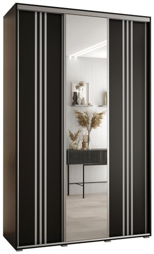 MEBLE KRYSPOL Davos 7 160 Schlafzimmerschrank mit DREI Schiebetüren - Moderner Aufbewahrungsschrank mit Spiegel, Kleiderstange und Regalen - 235,2x160x45 cm - Schwarz Schwarz Silber