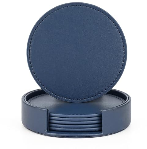 Drink Coasters Set of 6 Cup Pad Soft Leather Mug Mat Round Coaster with Sewing Around, Suitable for Glasses Espresso/Coffee/Tea/Milk/Beer/Wine Glass Cup Home café Bar & Bistro, 4 Inches - Dark Blue