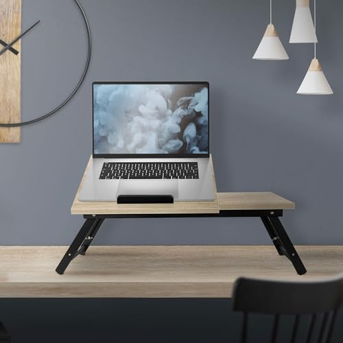 ML-Design Laptoptisch fürs Bett/Sofa, Eiche, Holz, höhenverstellbar, klappbare Beine, 4 Neigungswinkel, Lapdesks für Lesen & Frühstück, Laptopständer mit Schublade, Notebooktisch Betttisch Knietisch