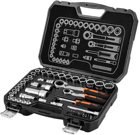 NEO TOOLS Werkzeugset mit Offener Ratsche -Steckschlüssel, Bits, Ausstattung 1/4” und 3/8 46 tlg. - Ratsche mit Loch und Steckschlüssel Inklusive | Ratschenmechanik mit 72 Sperrklinken | CrV-Stahl