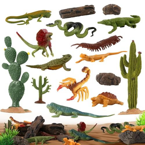 kukifun 32Pcs Desert Reptiles Animals Figures Toys Trees Resin Diorama Lizard Snake Cactus Rock Playset for Kids Toddlers Birthday Cake Decoration Party Favor School Projects