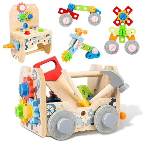 JONRRYIN Caja Herramientas Juguetes Niños, 51 Piezas Banco Herramientas Juguete,Juguetes Niños 3 Años Juguetes de Madera Niños 2 3 4 Años Montessori, Regalo Niño Niñas 2 3 4 Años