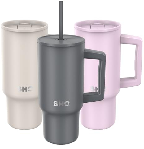 SHO XL Tumbler - Insulated Stainless Steel Reusable Water Bottle Iced Coffee Travel Mug with Handle, Straw Lid & Slider Lid - 900ml / 30 oz - Cold 24 Hours - Hot 12 Hours (Slate, 900ml)
