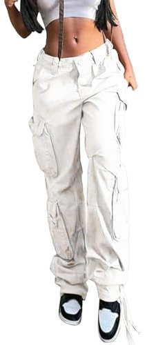 Genérico Pantalones Hippies Invierno Mujer Pantalones Casuales Cargo con múltiples Bolsillos y Talle bajo de Color Liso para Mujer Vaqueros Mujer Campana Negros (White, S)