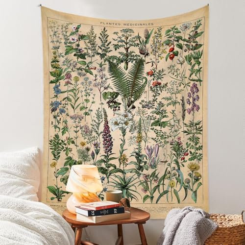 Wandteppich mit Vintage-Blumen, 121,9 x 91,4 cm, langer vertikaler Wandbehang, Referenz, illustrative botanische Wandteppiche für Schlafzimmer, ästhetische florale Tapisterie, botanische Pflanzen