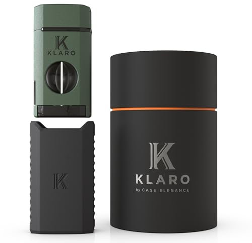 KLARO Triple Torch Lighter and V-Cut Cutter – Spring-Loaded V-Cut, with Cigar Rest Lid, Gift-Ready with Silicone Sleeve – Green Finish – Cigar Lighter for Men