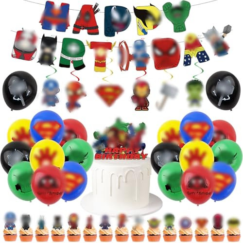 Kids Birthday Party Decorations for Boys Marvel Superhero Party Decorations 5th 6th 7th 10th Boys Avengers Birthday Decorations Party Supplies with Birthday Banner Hanging Swirls Balloons Cake Toppers