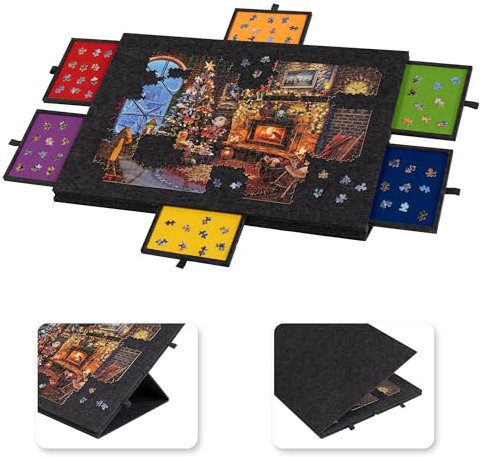Lavievert 1500 Piece Tilting Puzzle Board with 2-in-1 Designed Stand & Cover, Lightweight Felt Puzzle Plateau with 6 Colored Drawers, Portable Jigsaw Table with Storage for Adults – Dark Gray